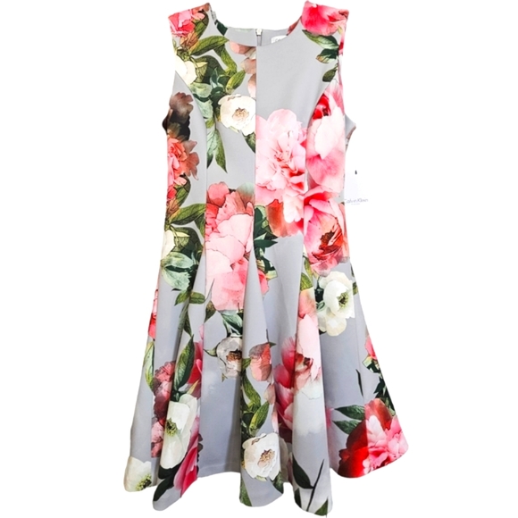 Calvin Klein Dresses & Skirts - Nwt Calvin Klein Gray/Pink Abstract Floral Scuba  Sleeveless Fit& Flare Dress